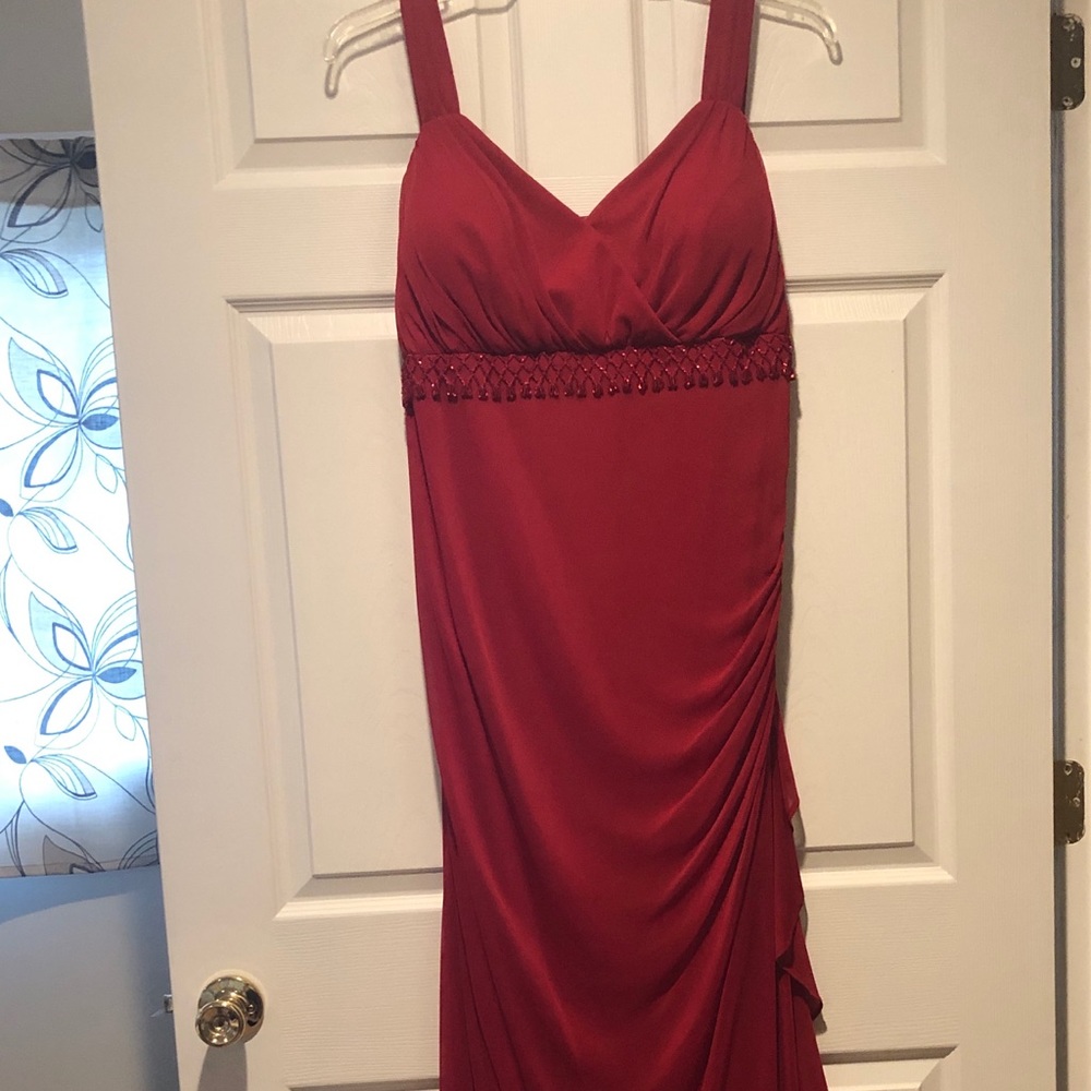 Formal red dress.